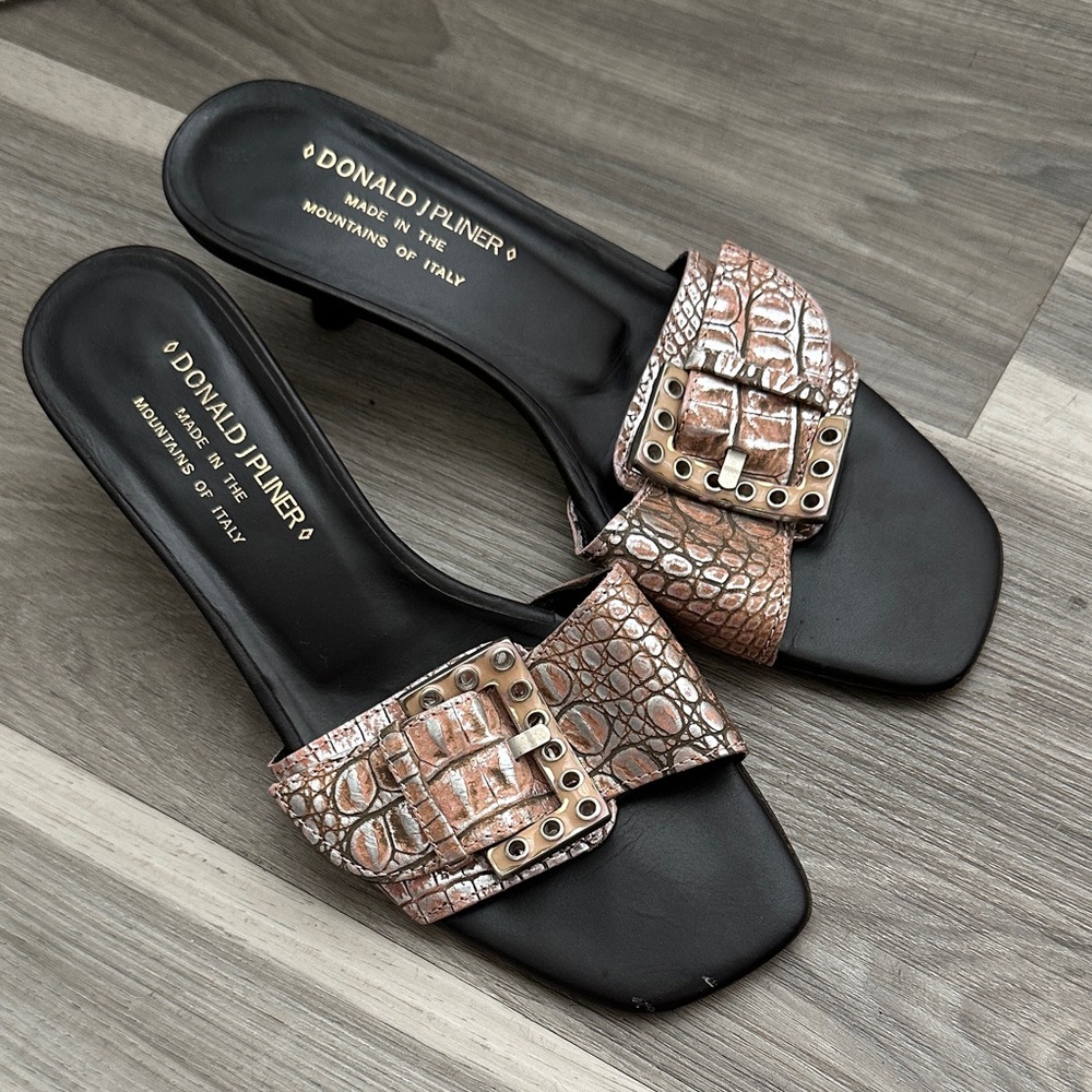 Donald J. Pliner Metallic Rose Gold Buckle Slide Mules